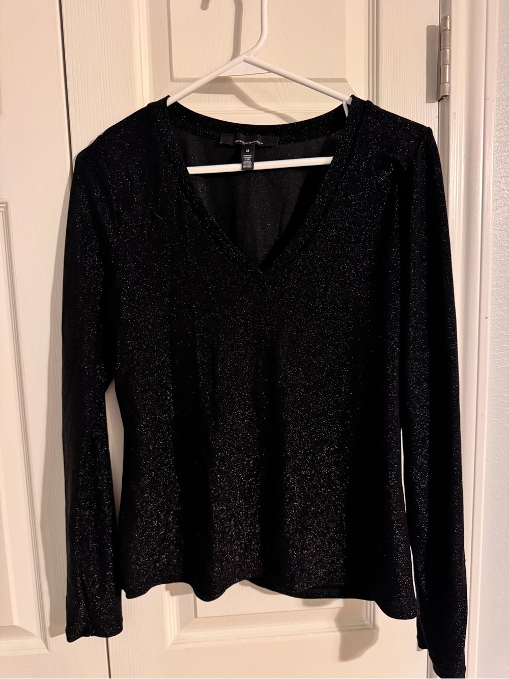 White House Black Market Black Metallic V-Neck Long Sleeve Top